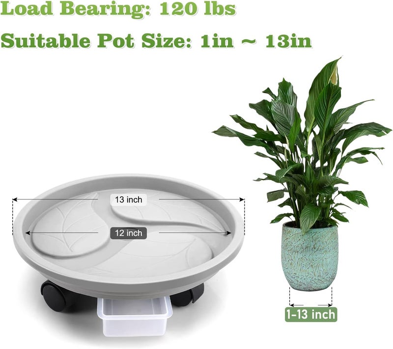 Looca Plant Caddy with Wheels and Drainage Tray, 13”Rolling Plant Stand Flower Pot Mover, Planter Caddies Round Plant Dolly for Heavy Duty Planter, 3 Pack, Bearing 120 lbs (Grey) - Image 2